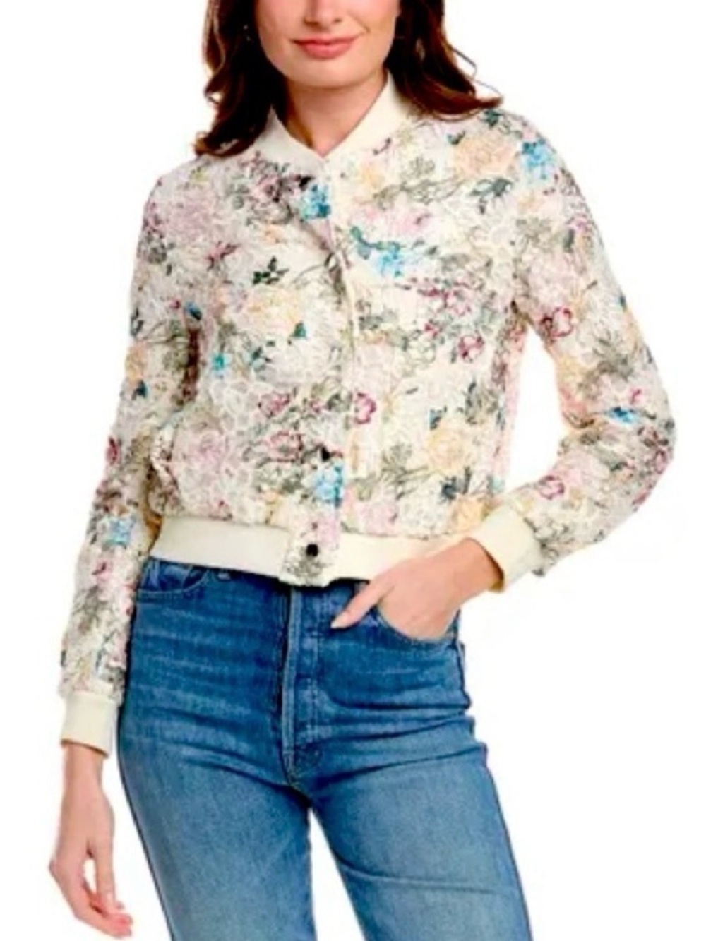 Nanette Lepore Ivory Lace-Trim Bomber Jacket
